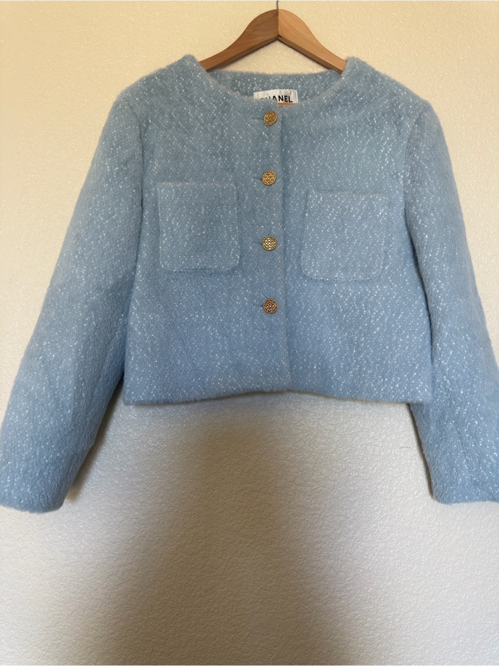 CHANEL Light Blue Tweed Kids Blazer with Gold Buttons